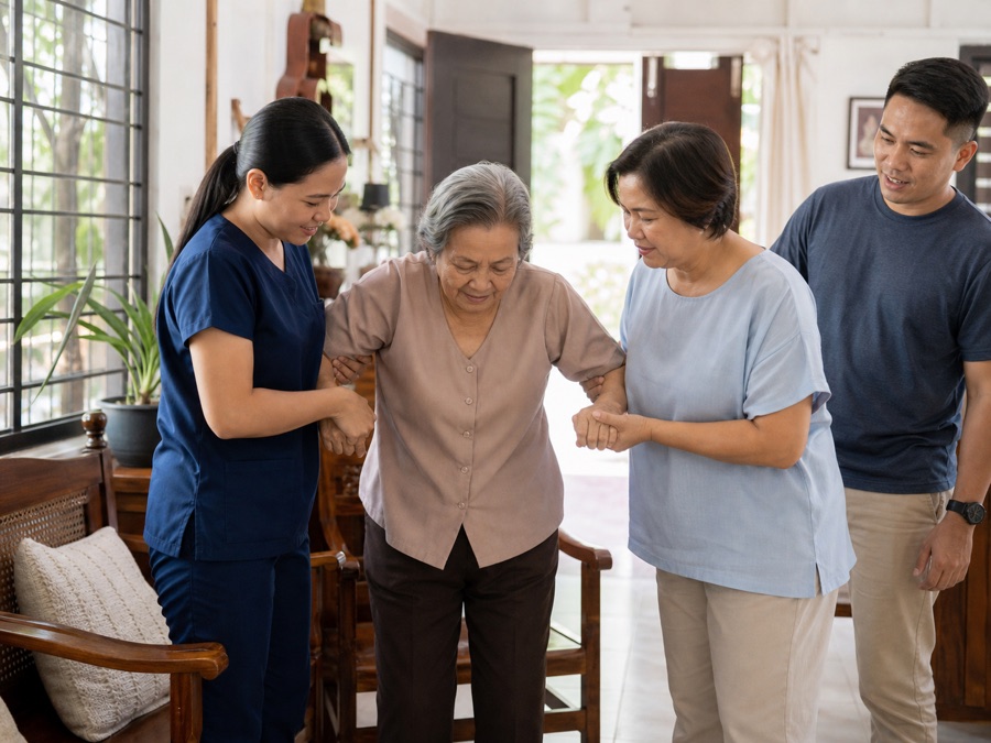 Filipino caregiver helping a senior with safe daily mobility support at home