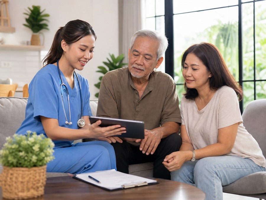 Filipino nurse reviewing home care instructions with a senior and family member