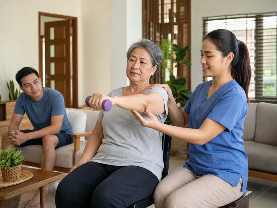 Filipino physical therapist guiding a senior through a gentle home exercise session
