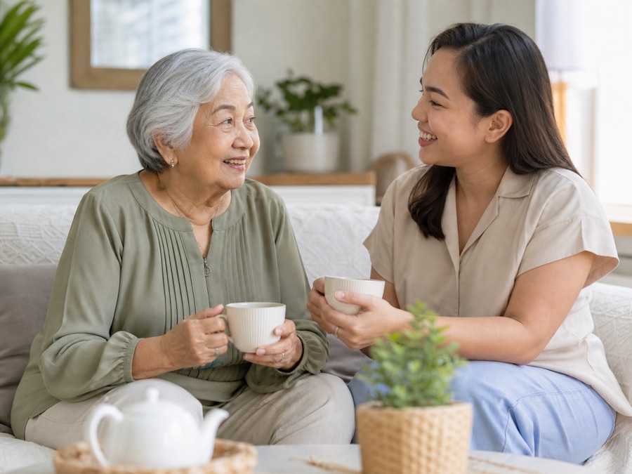 Filipino senior sharing tea and conversation with a care companion at home