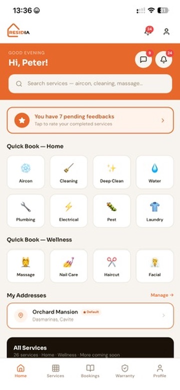 RESIDIA app home screen with quick book services and addresses