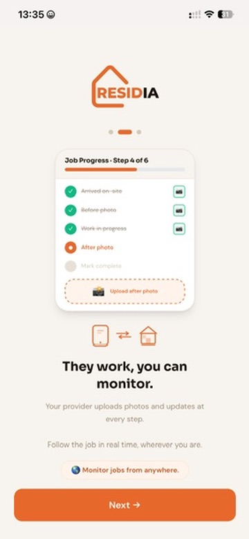 RESIDIA app onboarding showing job progress photo monitoring