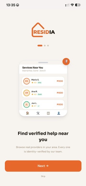 RESIDIA app onboarding showing verified providers near the user