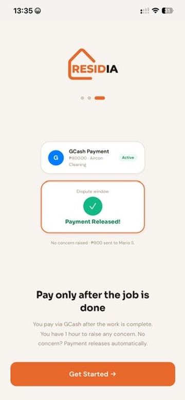 RESIDIA app onboarding showing payment released after job completion